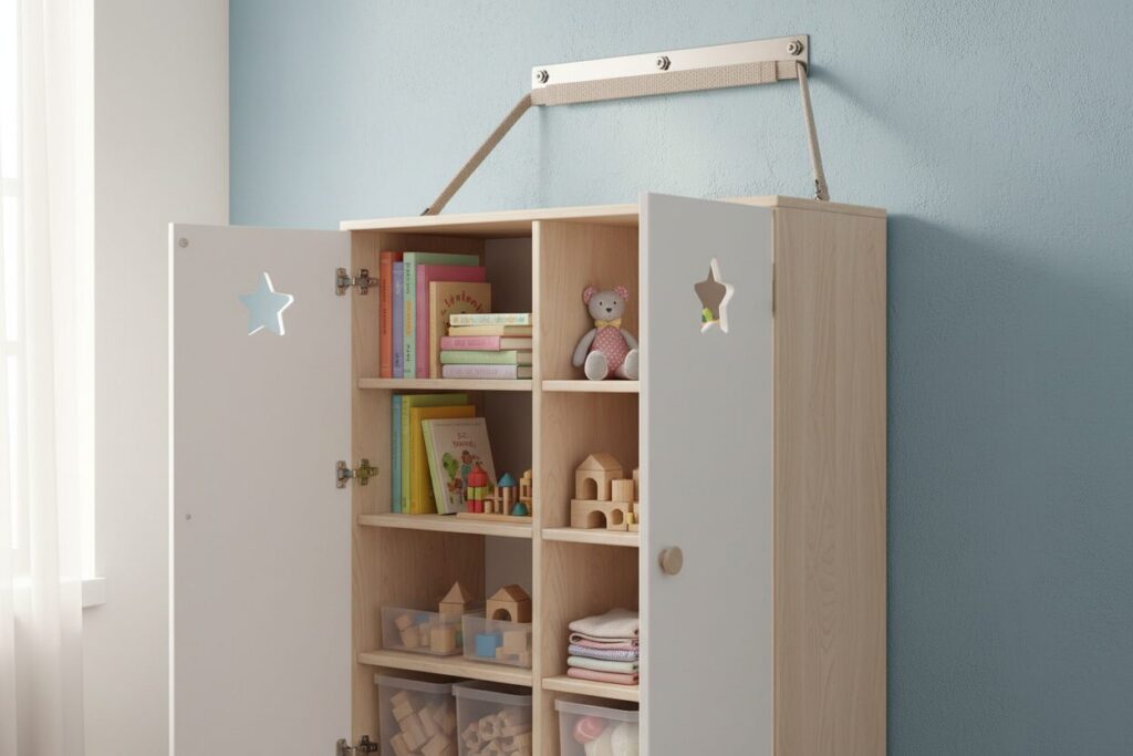 Kinderkamerkast Verankerd Aan Muur Hoge Kinderkamerkast Met Zichtbare Antikantelbeugel Bovenaan De Muur Bevestigd
