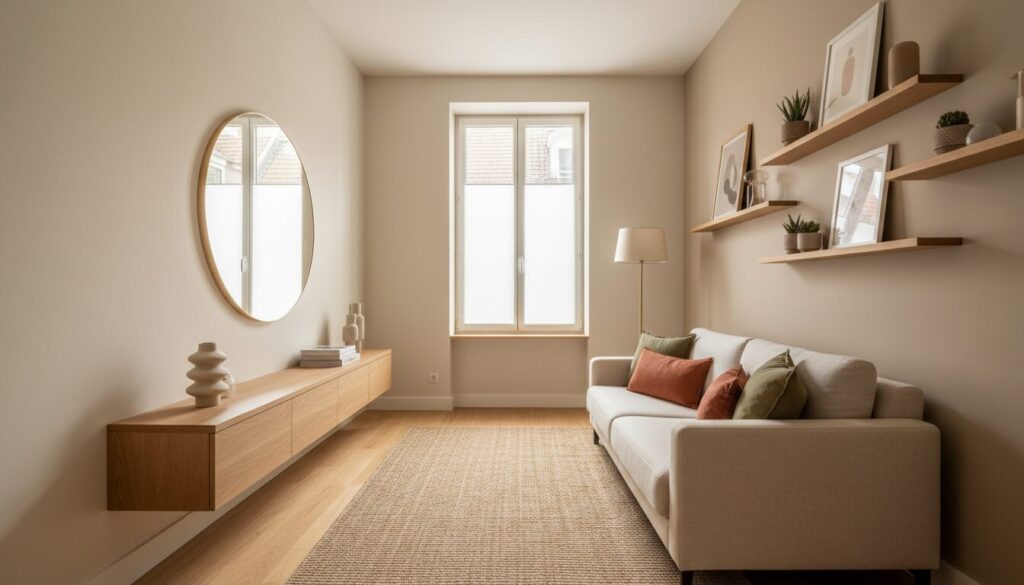 Kleine woonkamer slim ingericht met compacte zetel, spiegel en zwevende rekken