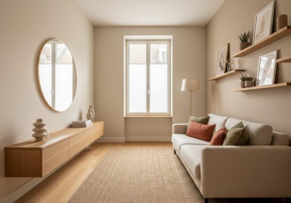 Kleine Woonkamer Slim Ingericht Met Compacte Zetel, Spiegel En Zwevende Rekken