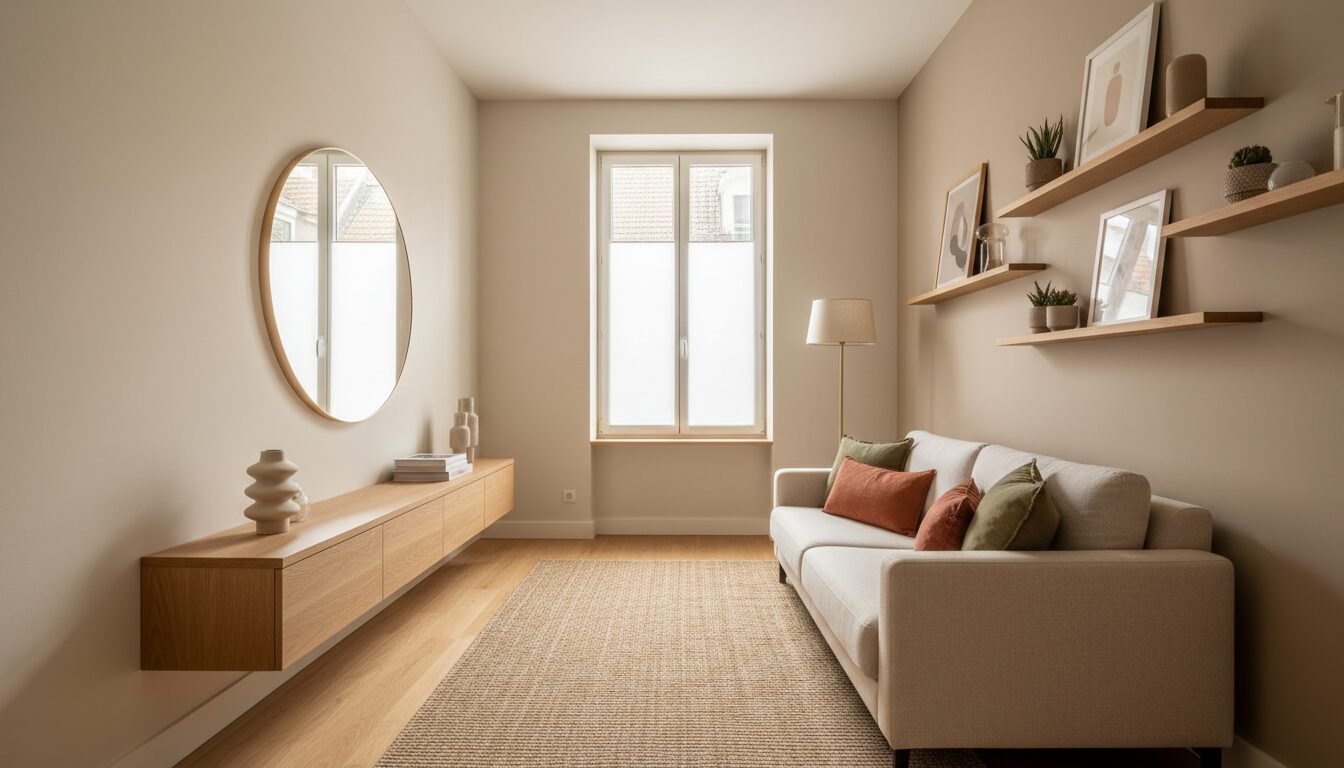 Kleine Woonkamer Slim Ingericht Met Compacte Zetel, Spiegel En Zwevende Rekken Aménager Un Petit Salon : 9 Astuces Qui Créent De L'Espace