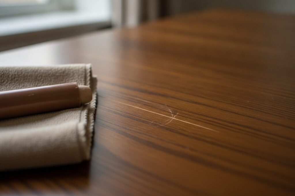 Kras Houten Tafelblad Herstelwas Fijne Kras Op Een Houten Tafelblad Met Een Herstelwasstift En Zachte Doek Ernaast