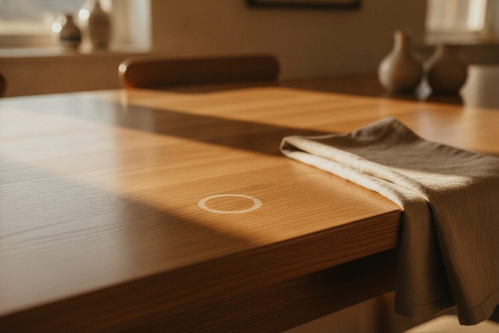 Kringvlek Glas Houten Eettafel Lichte Kringvlek Van Een Glas Op Een Massief Houten Eettafel