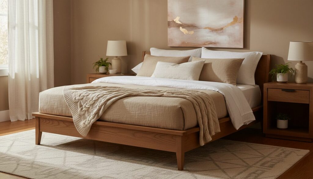 Rustige slaapkamer met kwaliteitsmatras op een houten bed