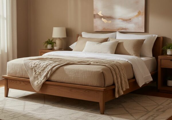 Rustige Slaapkamer Met Kwaliteitsmatras Op Een Houten Bed