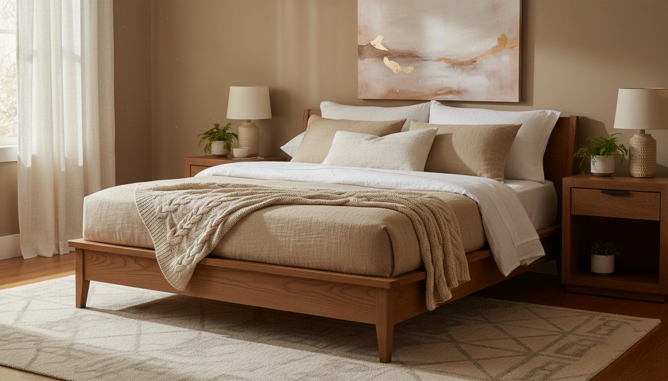 Rustige Slaapkamer Met Kwaliteitsmatras Op Een Houten Bed Rustige Slaapkamer Met Kwaliteitsmatras Op Een Houten Bed