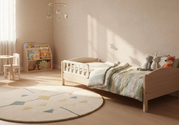Laag Kinderbed Met Uitvalbeugel En Zacht Kleed Ernaast