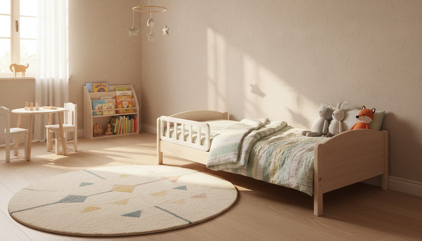 Laag Kinderbed Met Uitvalbeugel En Zacht Kleed Ernaast