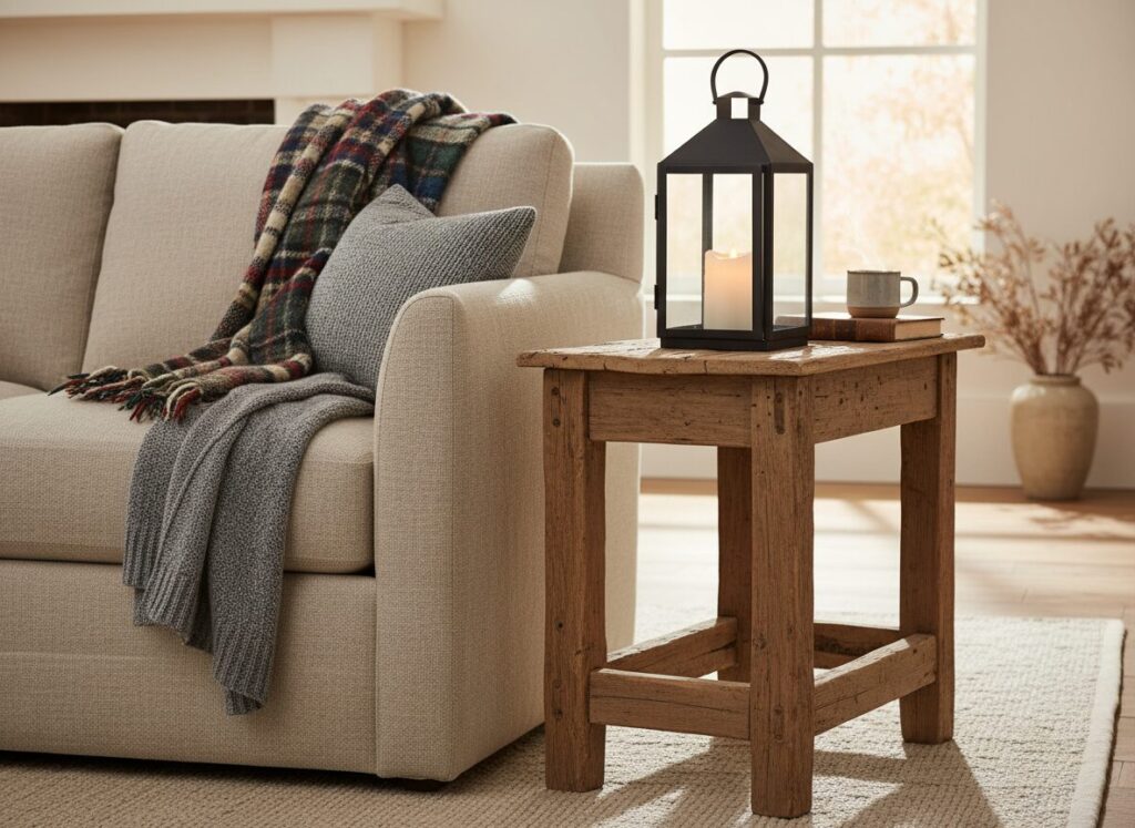 Linnen Zetel Met Wollen Plaid Naast Rustiek Houten Bijzettafeltje Met Lantaarn Le Style Campagnard Moderne : Marier Rustique Et Épuré
