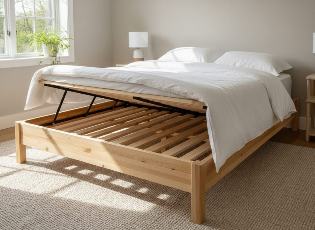 Houten Bed Met Zichtbare Lattenbodem En Opgetilde Matras Houten Bed Met Zichtbare Lattenbodem En Opgetilde Matras