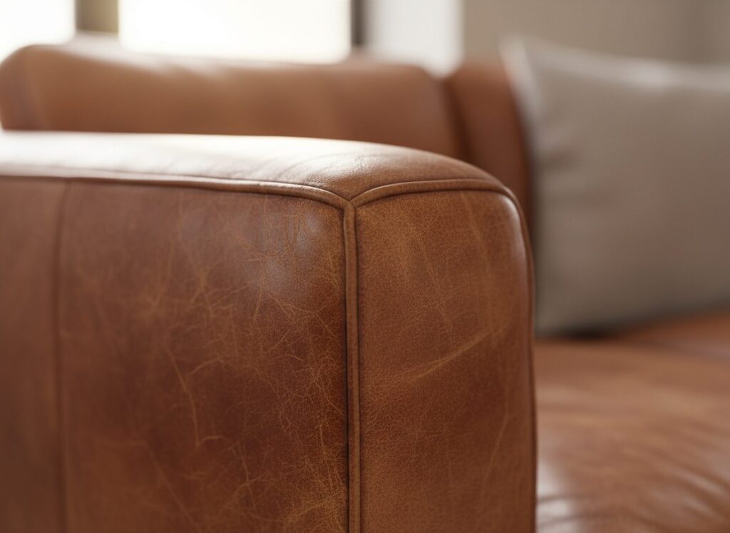 Detail Van Mooi Verouderd Cognac Leder Met Patine Op Een Armleuning