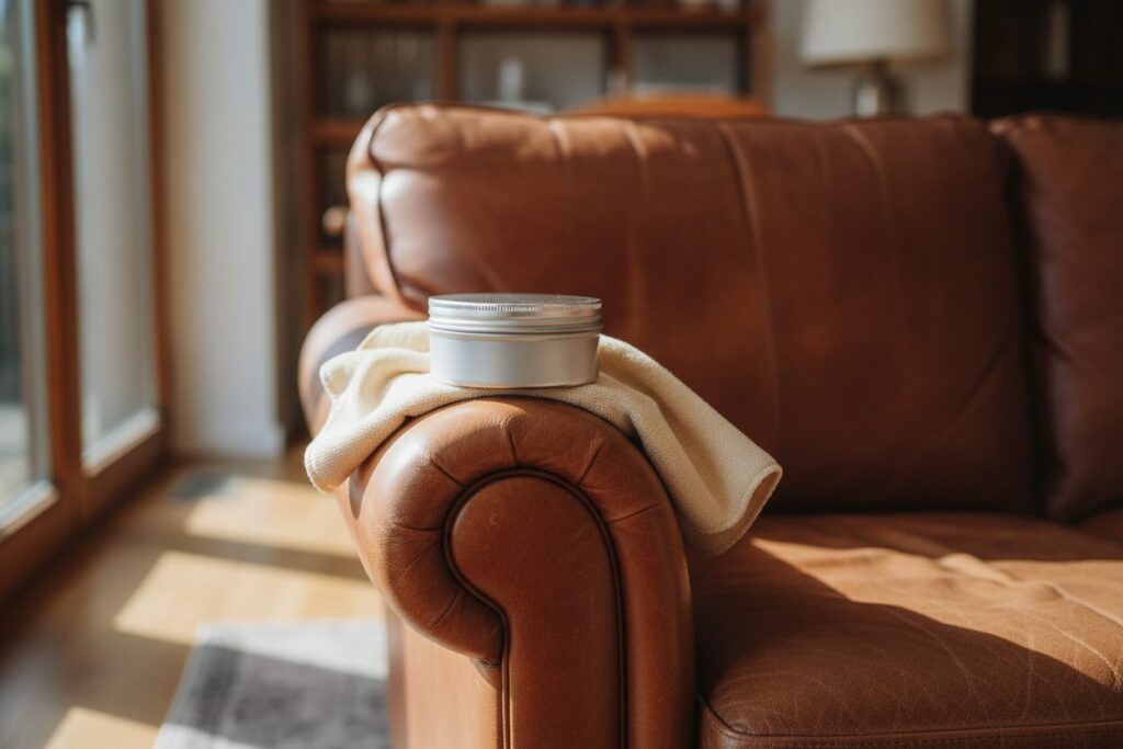 Lederbalsem Onderhoud Cognac Zetel Potje Lederbalsem En Zachte Doek Op De Armleuning Van Een Cognackleurige Lederen Zetel