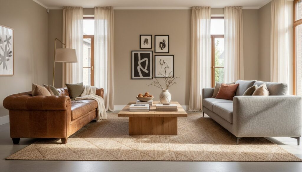 Woonkamer met een cognac lederen zetel en een stoffen zetel tegenover elkaar
