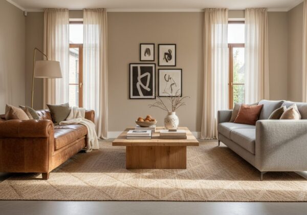 Woonkamer Met Een Cognac Lederen Zetel En Een Stoffen Zetel Tegenover Elkaar