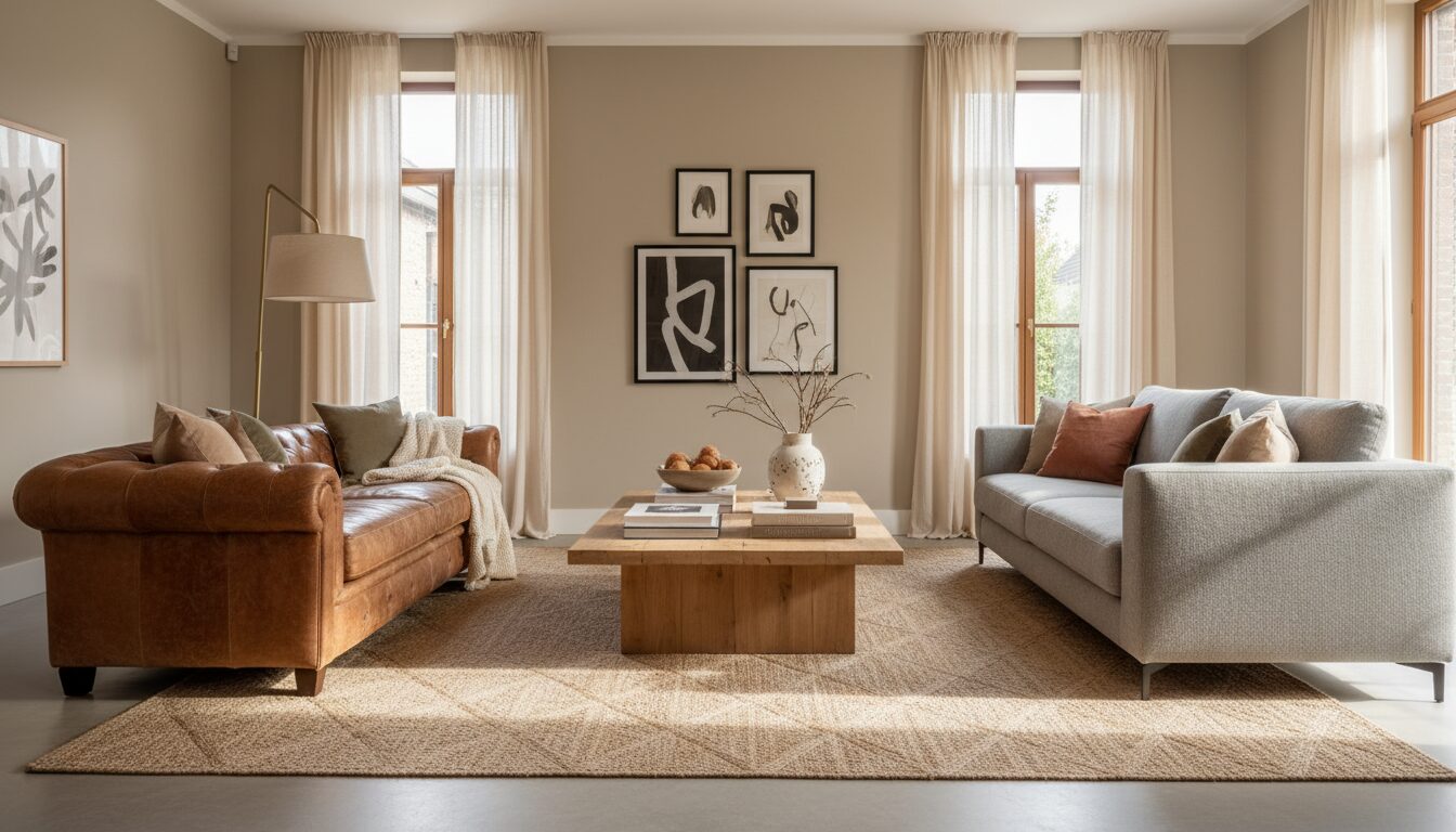 Woonkamer Met Een Cognac Lederen Zetel En Een Stoffen Zetel Tegenover Elkaar Tissu Ou Cuir ? Bien Choisir Le Revêtement De Votre Canapé