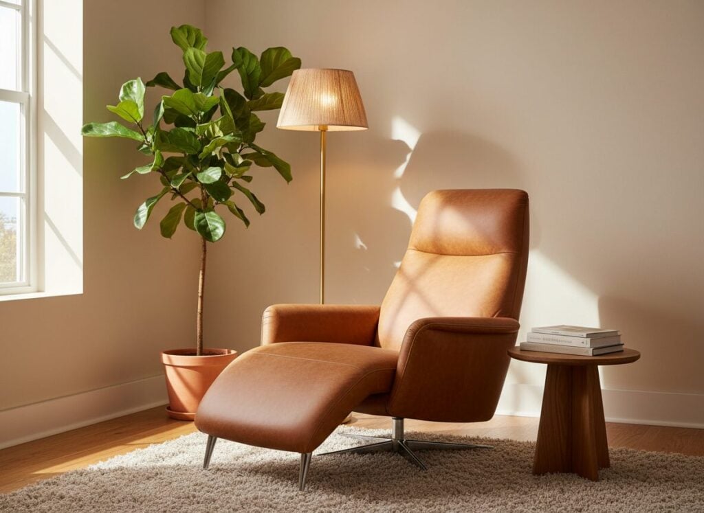Lederen Relaxfauteuil In Rechte Positie In Een Warme Woonhoek Lederen Relaxfauteuil In Rechte Positie In Een Warme Woonhoek
