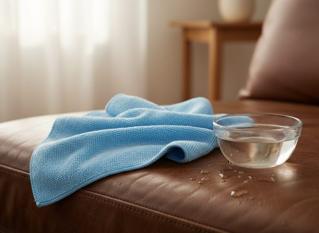 Microvezeldoek En Kommetje Water Op Een Lederen Zetelzit