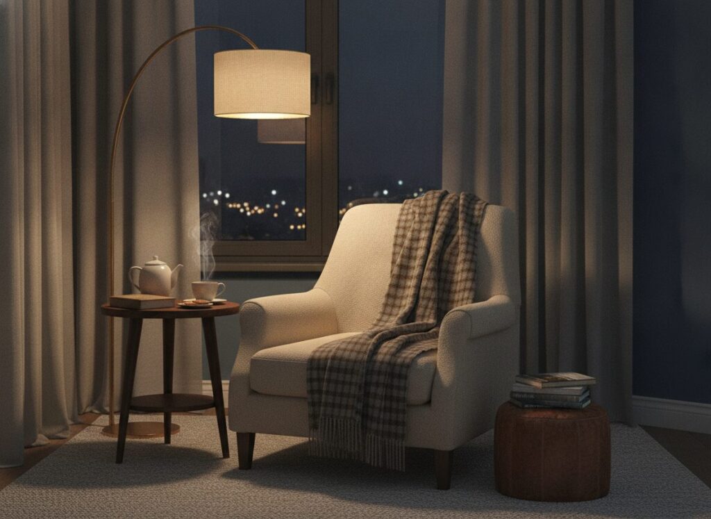Leeshoek Met Fauteuil, Vloerlamp En Plaid Bij Het Raam