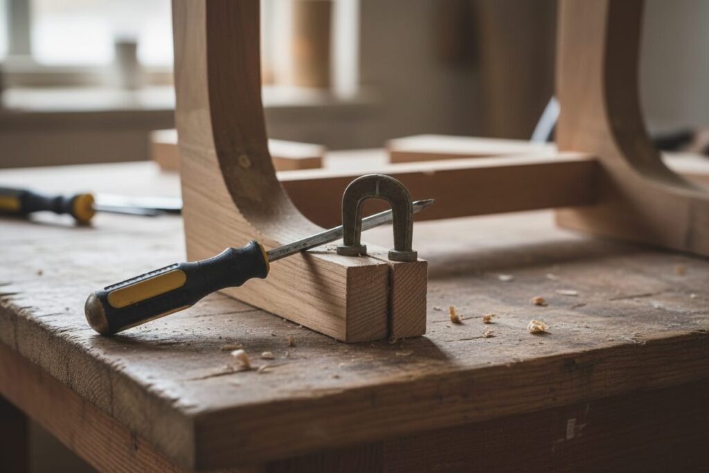 Losse Stoelverbinding Herstellen Lijmklem Schroevendraaier En Lijmklem Bij Het Herstellen Van Een Losse Verbinding In Een Houten Stoel
