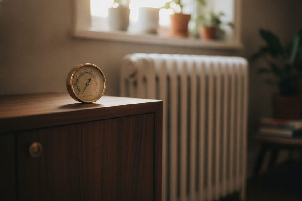 Luchtvochtigheid Meten Houten Meubel Hygrometer Op Een Massief Houten Kast In De Woonkamer, Met Radiator Op De Achtergrond
