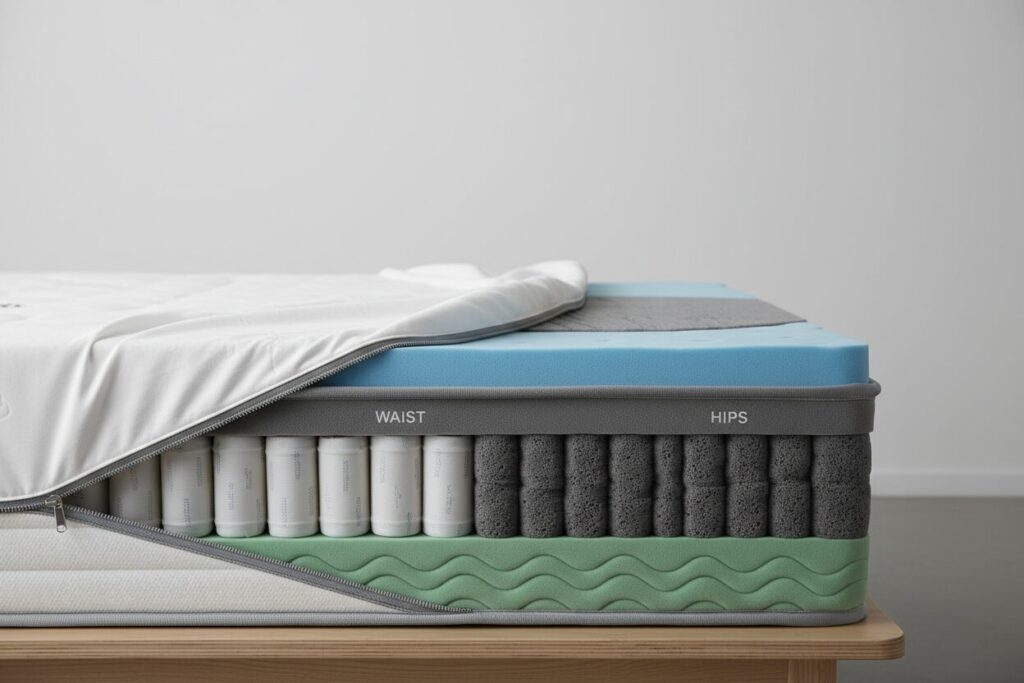 Matras Comfortzones Schouder Bekken Matras Met Open Tijk Waarop De Verschillende Hardheidszones Voor Schouder, Taille En Bekken Zichtbaar Zijn