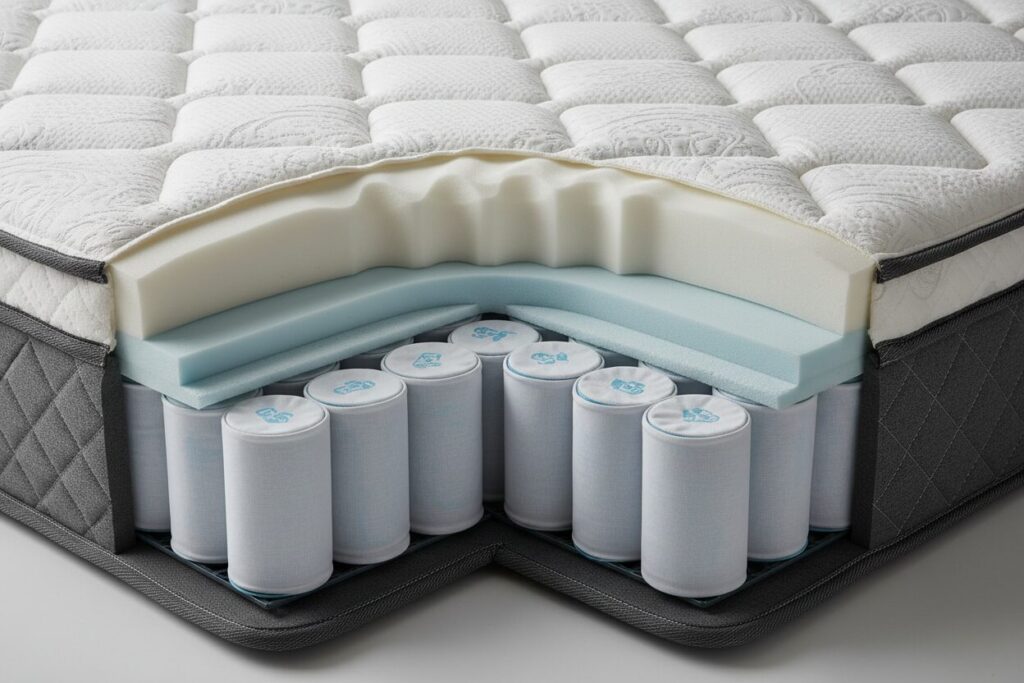Matras Doorsnede Pocketveren Schuimlagen Doorsnede Van Een Matras Met Pocketveren En Comfortschuimlagen Onder De Tijk