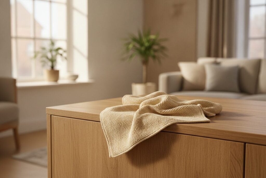 Meubel Onderhouden Stofdoek Eiken Dressoir Zachte Microvezeldoek Op Een Massief Eiken Dressoir In Een Lichte Woonkamer