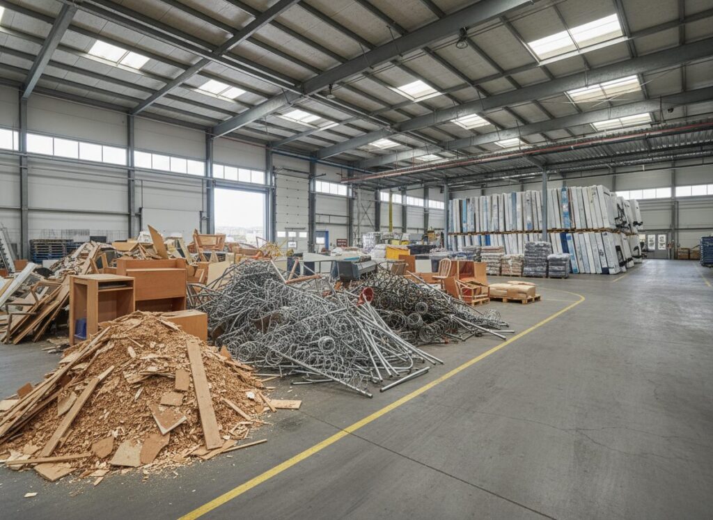 Gedemonteerde Meubels Gesorteerd In Hout- En Metaalfracties Gedemonteerde Meubels Gesorteerd In Hout- En Metaalfracties