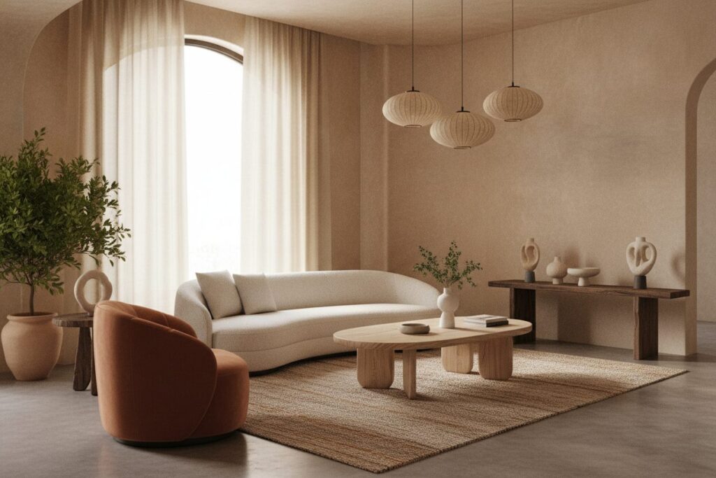 Modern Interieur Aardetinten Ronde Vormen Moderne Woonkamer In Warme Aardetinten Met Ronde Vormen En Structuurmuren
