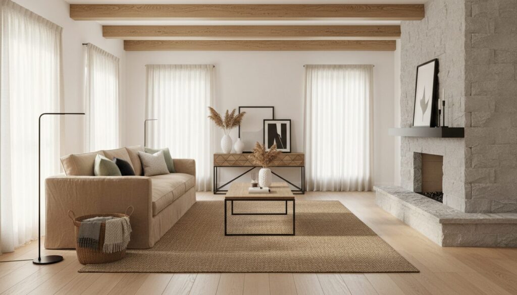 Modern landelijke woonkamer met linnen zetel, houten balken en zwarte accenten