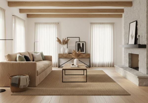 Modern Landelijke Woonkamer Met Linnen Zetel, Houten Balken En Zwarte Accenten