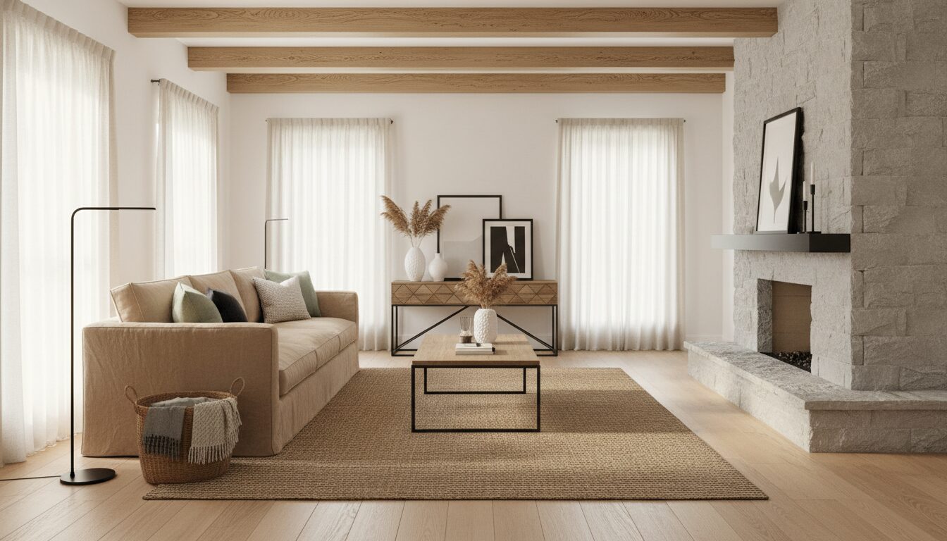 Modern Landelijke Woonkamer Met Linnen Zetel, Houten Balken En Zwarte Accenten Le Style Campagnard Moderne : Marier Rustique Et Épuré