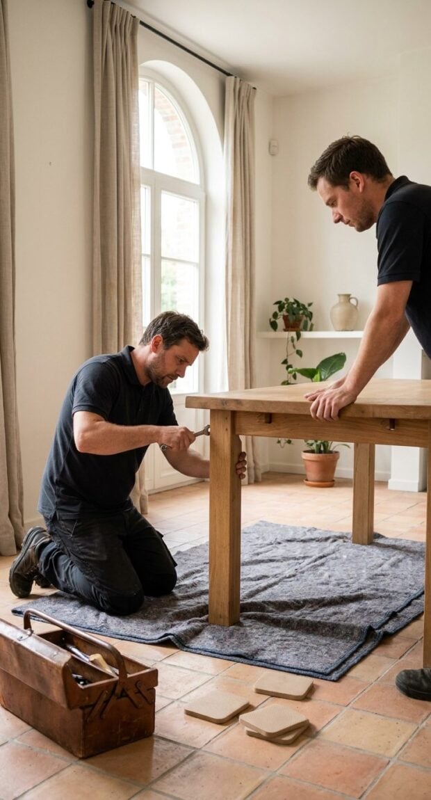 Twee Installateurs Van Meubelen Moens Monteren Een Massief Eiken Eettafel In Een Lichte Woonkamer