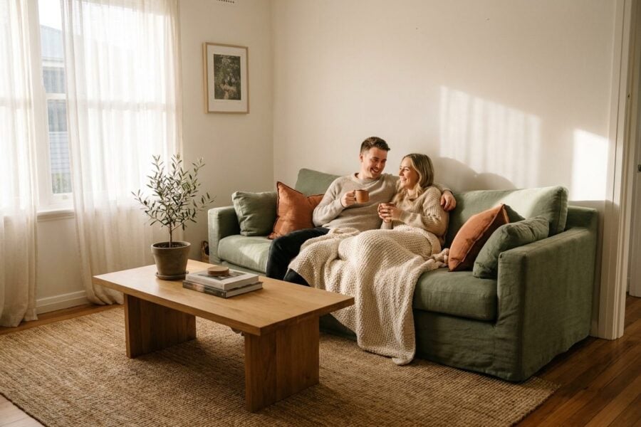 Koppel Geniet Ontspannen Van Een Kop Koffie Op Hun Nieuwe Saliegroene Zetel In Een Warme Woonkamer