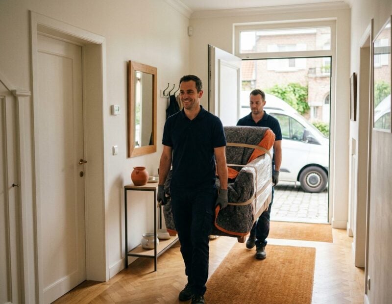 Twee Leveringsspecialisten Dragen Een Ingepakte Fauteuil De Gang Van Een Woning Binnen