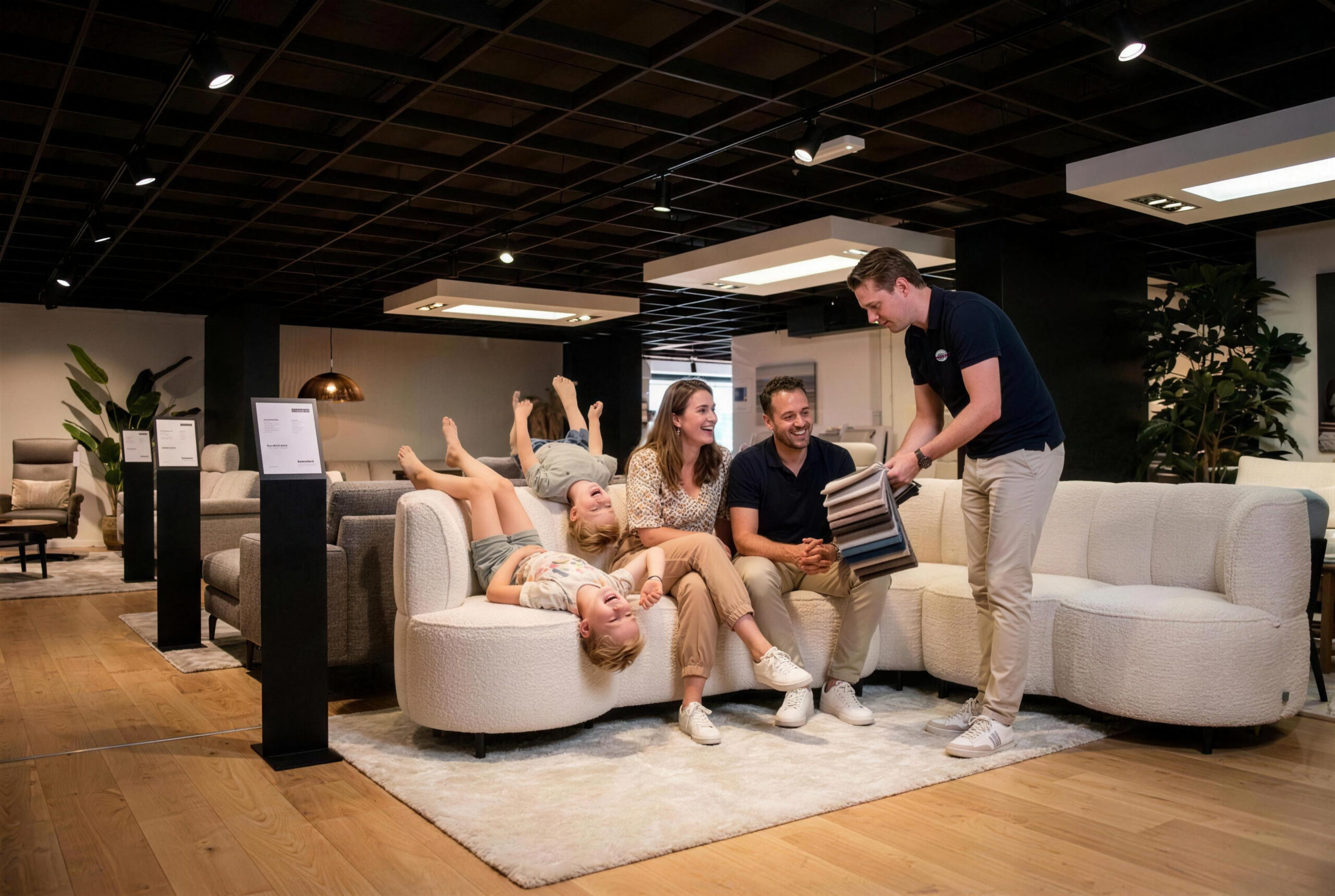 Easysofa Interieuradviseur Van Meubelen Moens Toont Stofstalen Aan Een Gezin Met Twee Spelende Kinderen In De Toonzaal