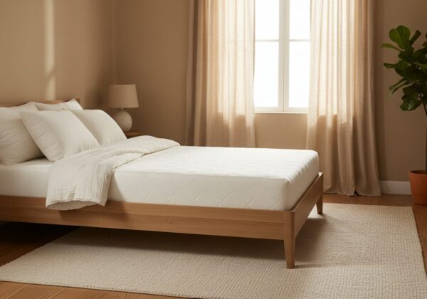 Frisse Nieuwe Matras Op Een Eiken Bed In Een Lichte Slaapkamer