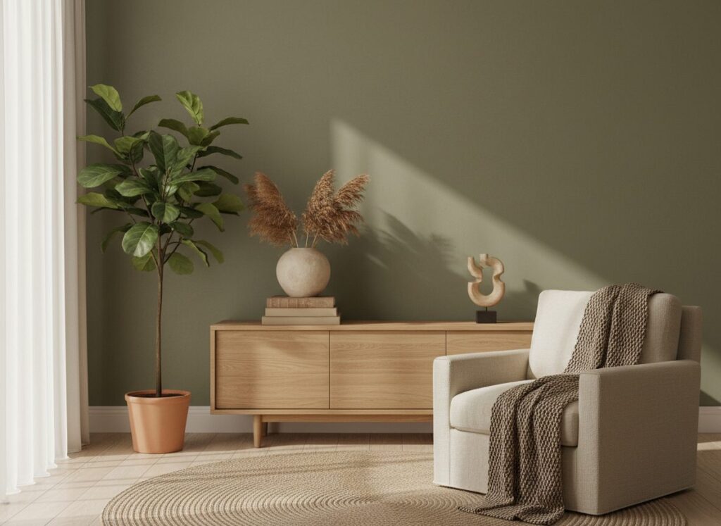 Olijfgroene Accentmuur Achter Een Eiken Dressoir Met Decoratie Associer Les Couleurs Dans Votre Intérieur Comme Un Pro