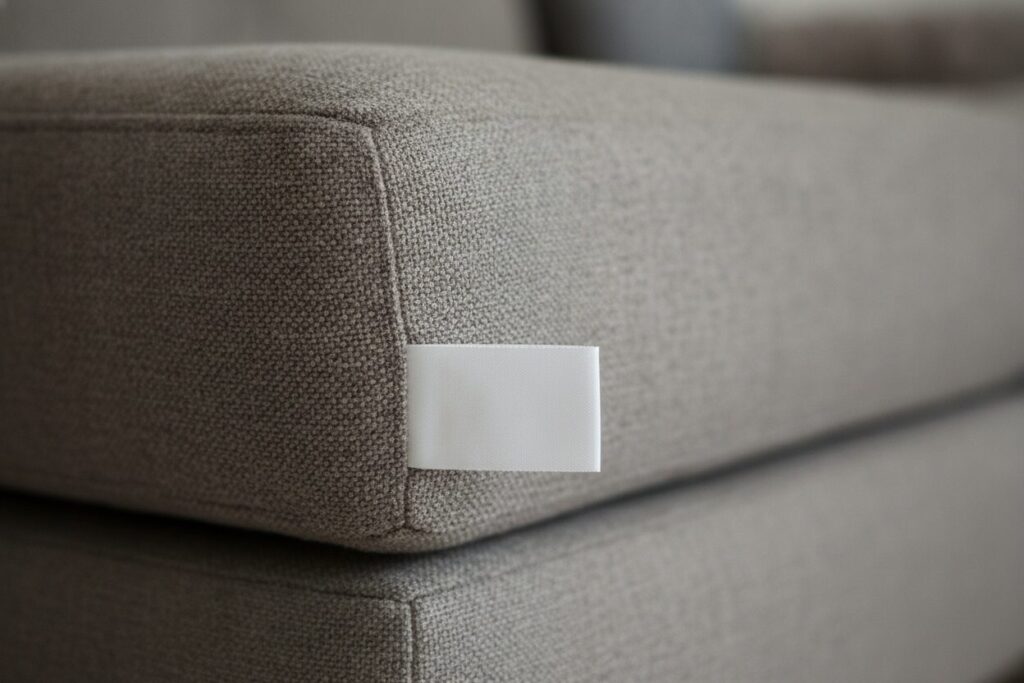 Onderhoudsetiket Zitkussen Reinigingscode Onderhoudsetiket Onder Een Zitkussen Van Een Stoffen Zetel Met De Reinigingscode
