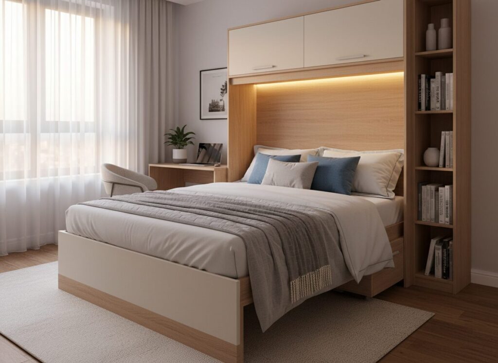 Opengeklapt Opklapbed Met Opgemaakt Bed In Een Kleine Kamer