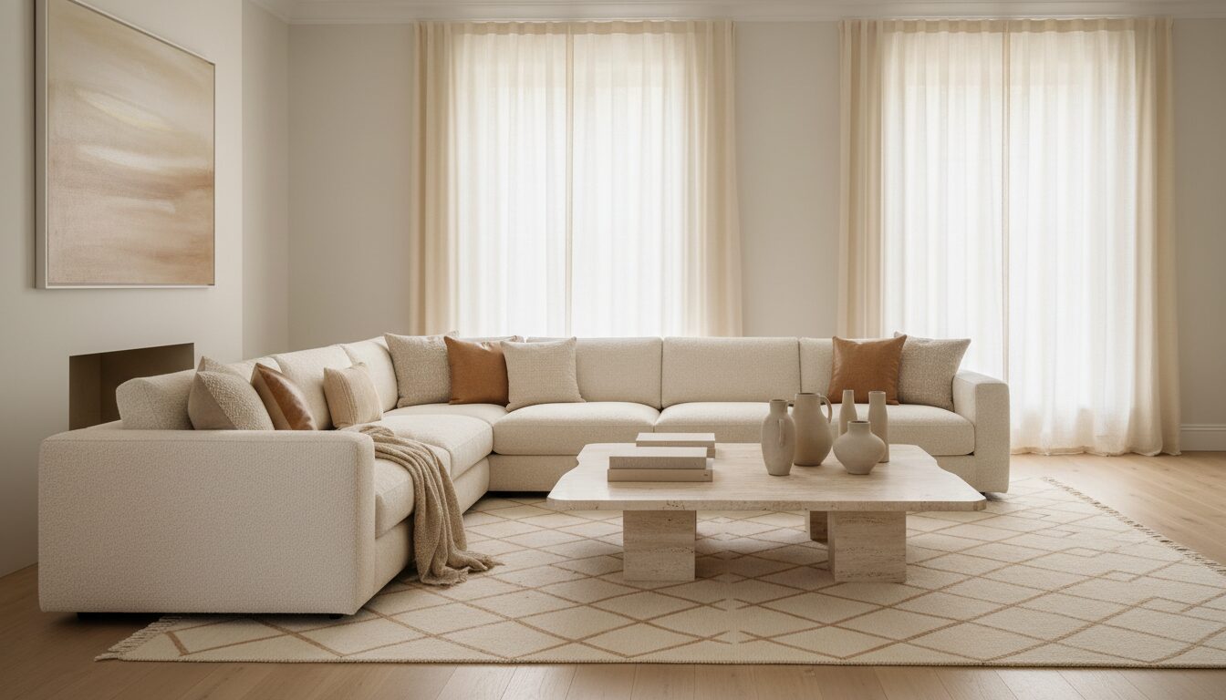 Verfijnde Woonkamer In Stille Luxe: Crème, Camel En Travertijn Verfijnde Woonkamer In Stille Luxe: Crème, Camel En Travertijn