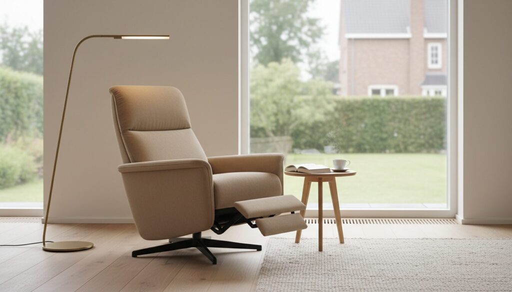 Moderne relaxzetel bij het raam met uitgeklapte voetensteun en leeslamp