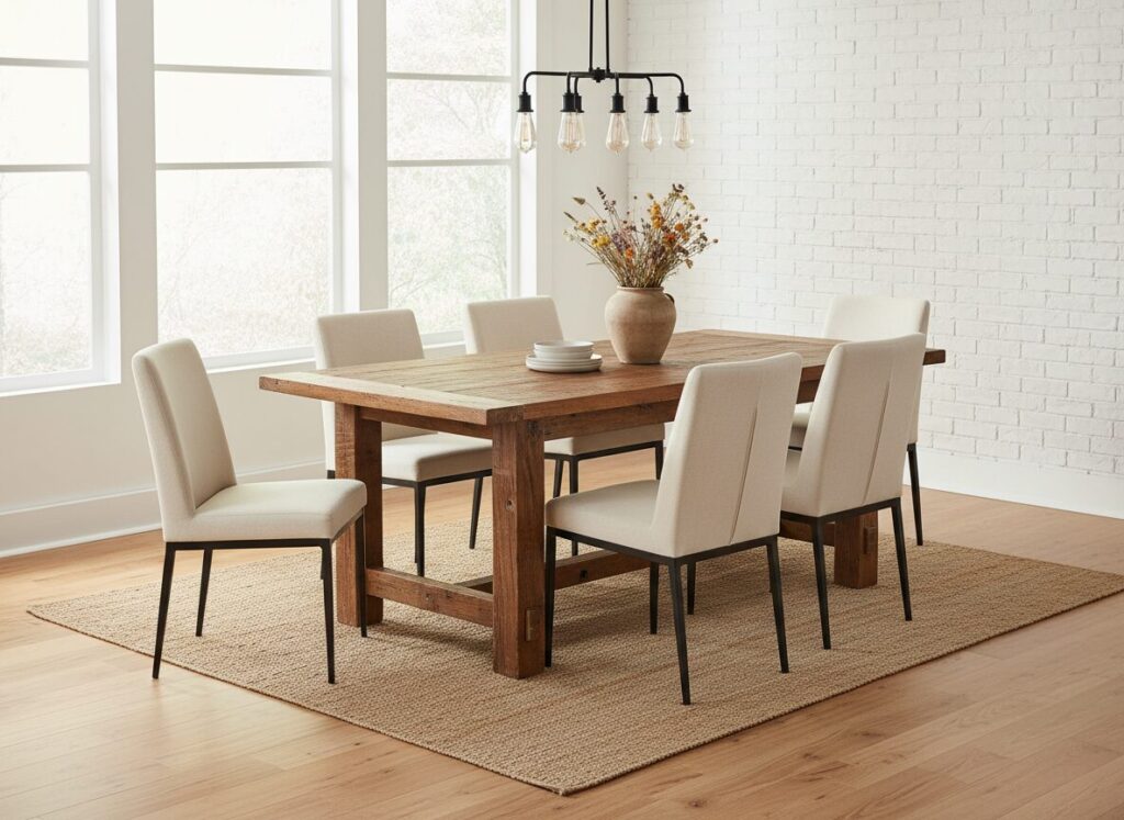 Robuuste Houten Eettafel Gecombineerd Met Moderne Gestoffeerde Stoelen Le Style Campagnard Moderne : Marier Rustique Et Épuré