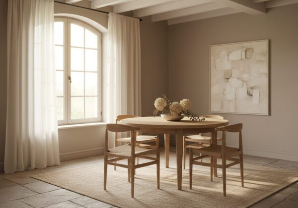 Ronde Eiken Eettafel Met Vier Stoelen Bij Het Raam