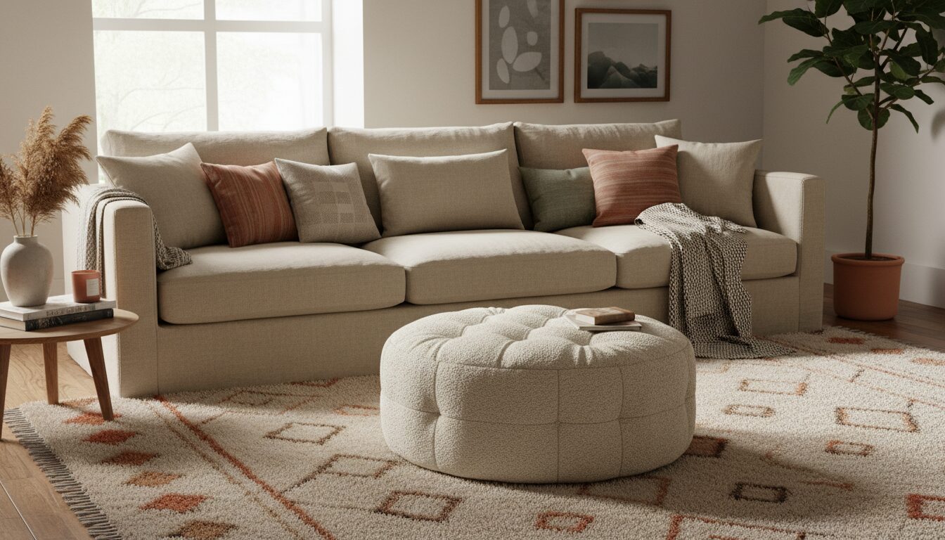 Ronde Gestoffeerde Poef Voor Een Beige Zetel Ronde Gestoffeerde Poef Voor Een Beige Zetel