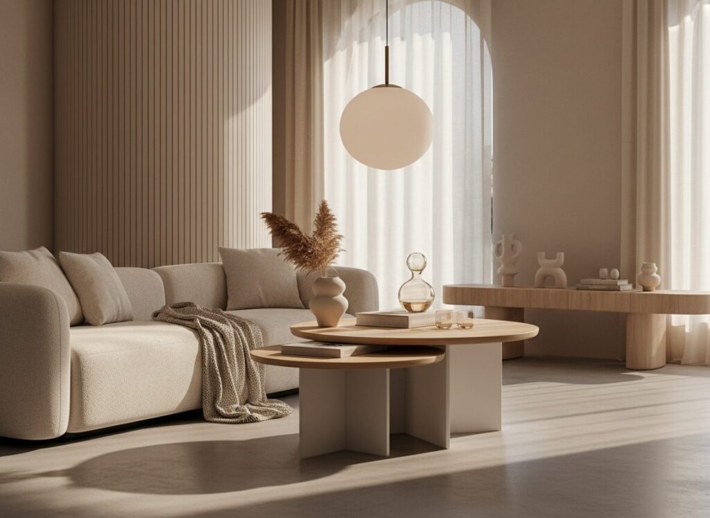 Twee Ronde Salontafels En Een Bollamp Bij Een Effen Zetel Les Formes Rondes Dans Votre Intérieur : Briser Les Angles Droits