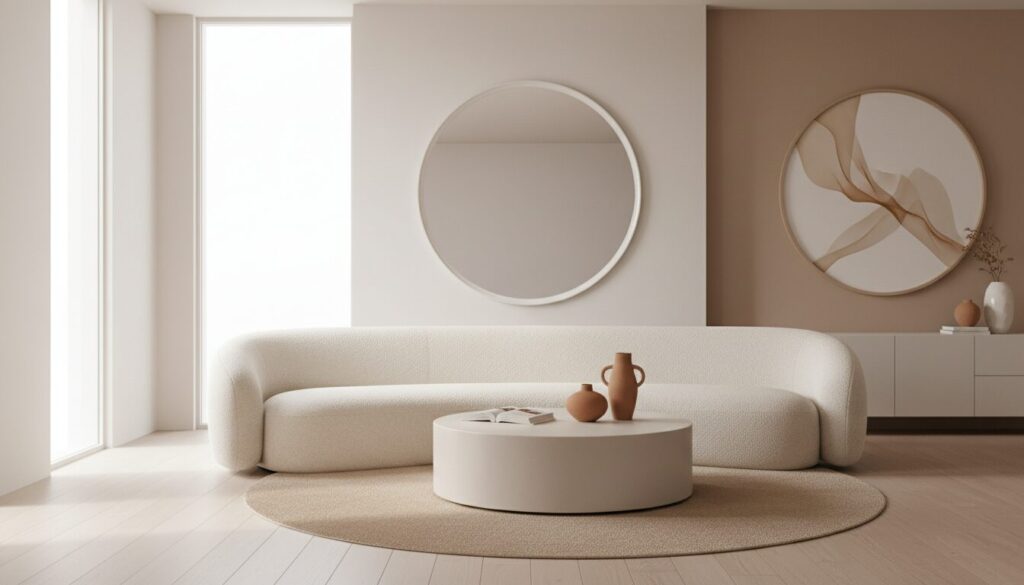 Woonkamer met gebogen zetel, ronde salontafel en ronde spiegel