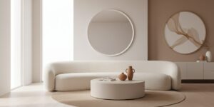 Woonkamer Met Gebogen Zetel, Ronde Salontafel En Ronde Spiegel
