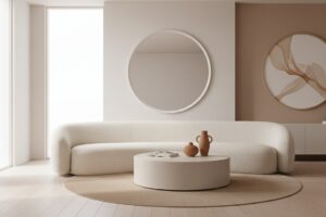 Woonkamer Met Gebogen Zetel, Ronde Salontafel En Ronde Spiegel