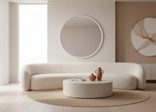 Woonkamer Met Gebogen Zetel, Ronde Salontafel En Ronde Spiegel