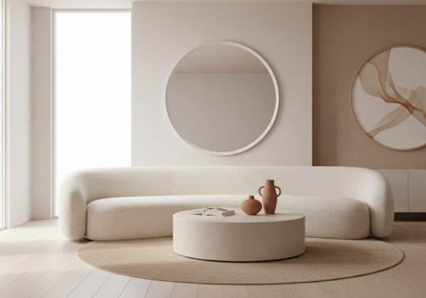 Woonkamer Met Gebogen Zetel, Ronde Salontafel En Ronde Spiegel